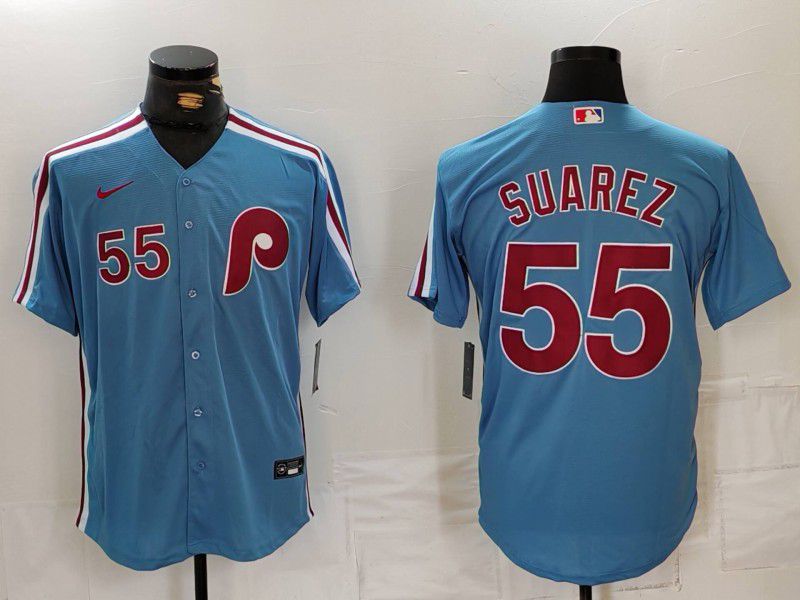 Men Philadelphia Phillies 55 Suarez Blue Throwback 2024 Nike MLB Jersey style 729
